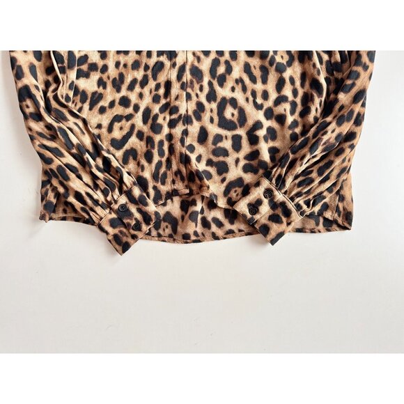 REFORMATION Marcy Leopard Print Georgette Neck Tie Button Up Blouse, Size L - Picture 8 of 12